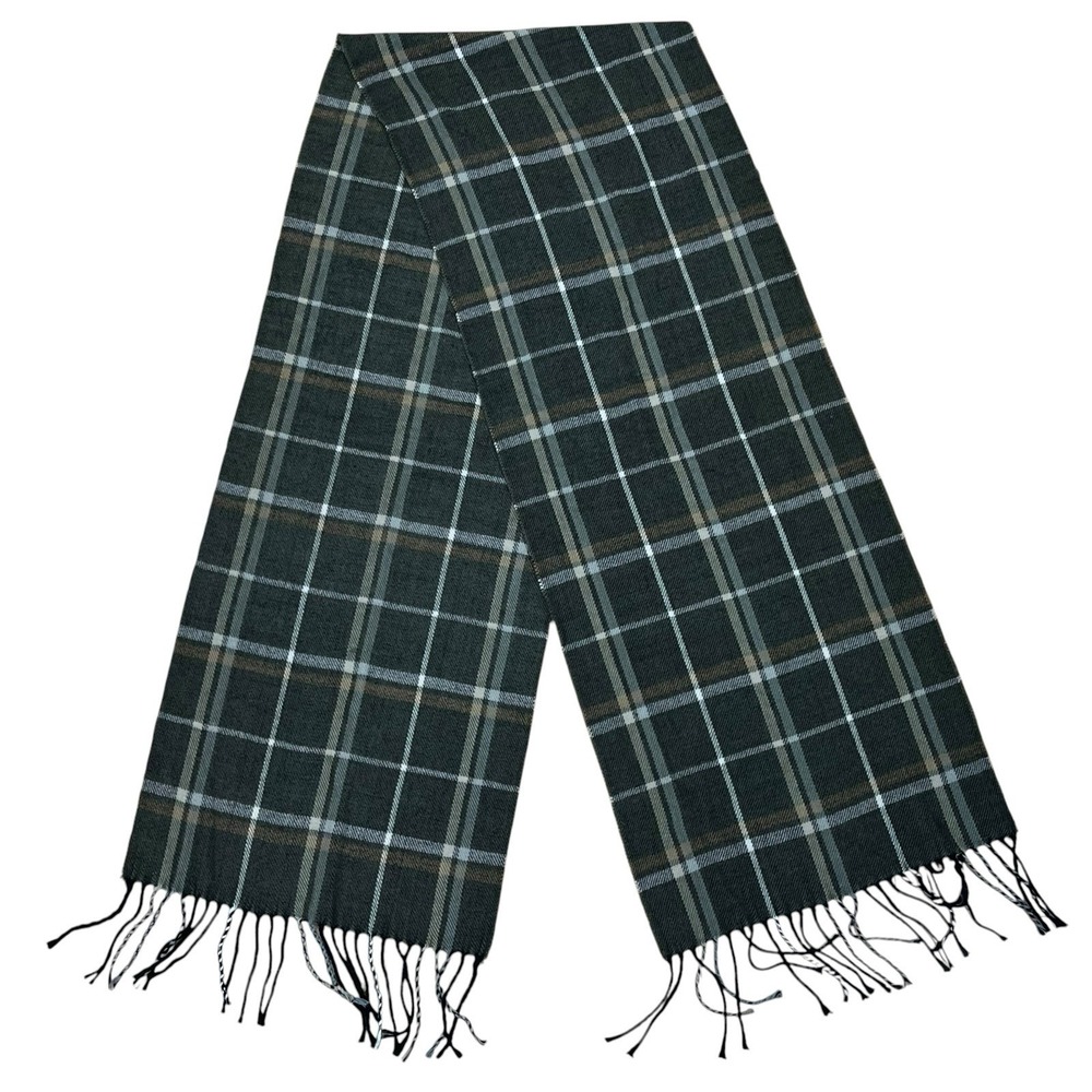 100% Scotland Cashmere Rectangular Scarf Olive Green Plaid Quiet Luxury